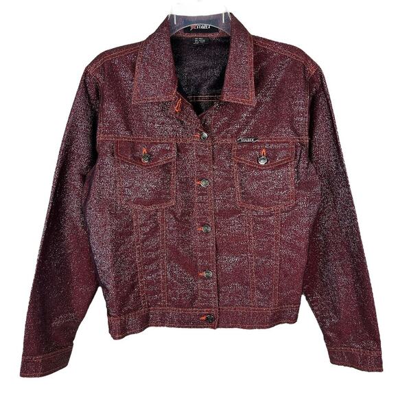 Y2K Red Metallic Long Sleeve Cropped Jean Jacket L - Picture 1 of 4